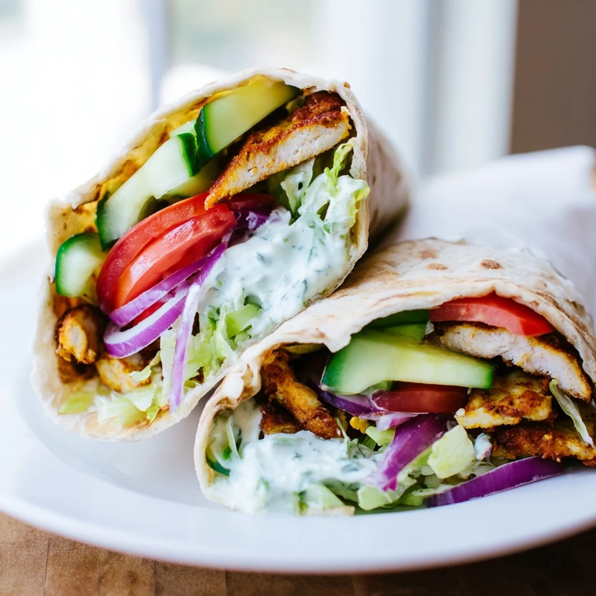 Golden brown crispy cottage cheese flatbread wrap stuffed with seasoned grilled chicken and fresh vegetables