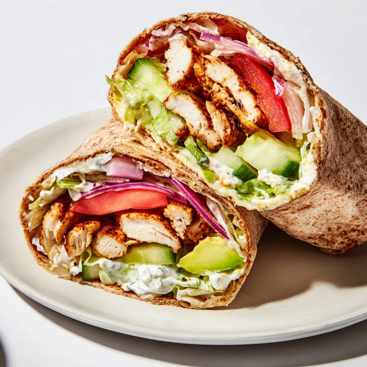 Protein-packed cottage cheese flatbread chicken wrap featuring crisp lettuce, tomato, avocado, and tender spiced poultry