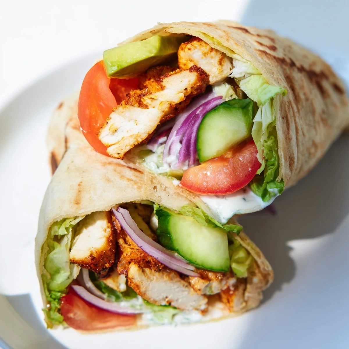 High protein crispy cottage cheese flatbread wrap filled with juicy chicken strips and colorful garden veggies