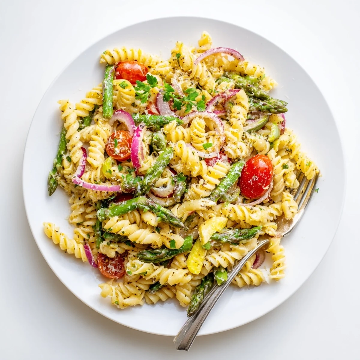 Golden lemon asparagus pasta salad tossed with cherry tomatoes and fresh parsley in a white bowl
