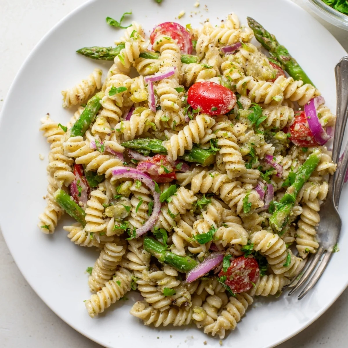 Zesty lemon asparagus pasta salad featuring tender asparagus spears and al dente pasta with herbs