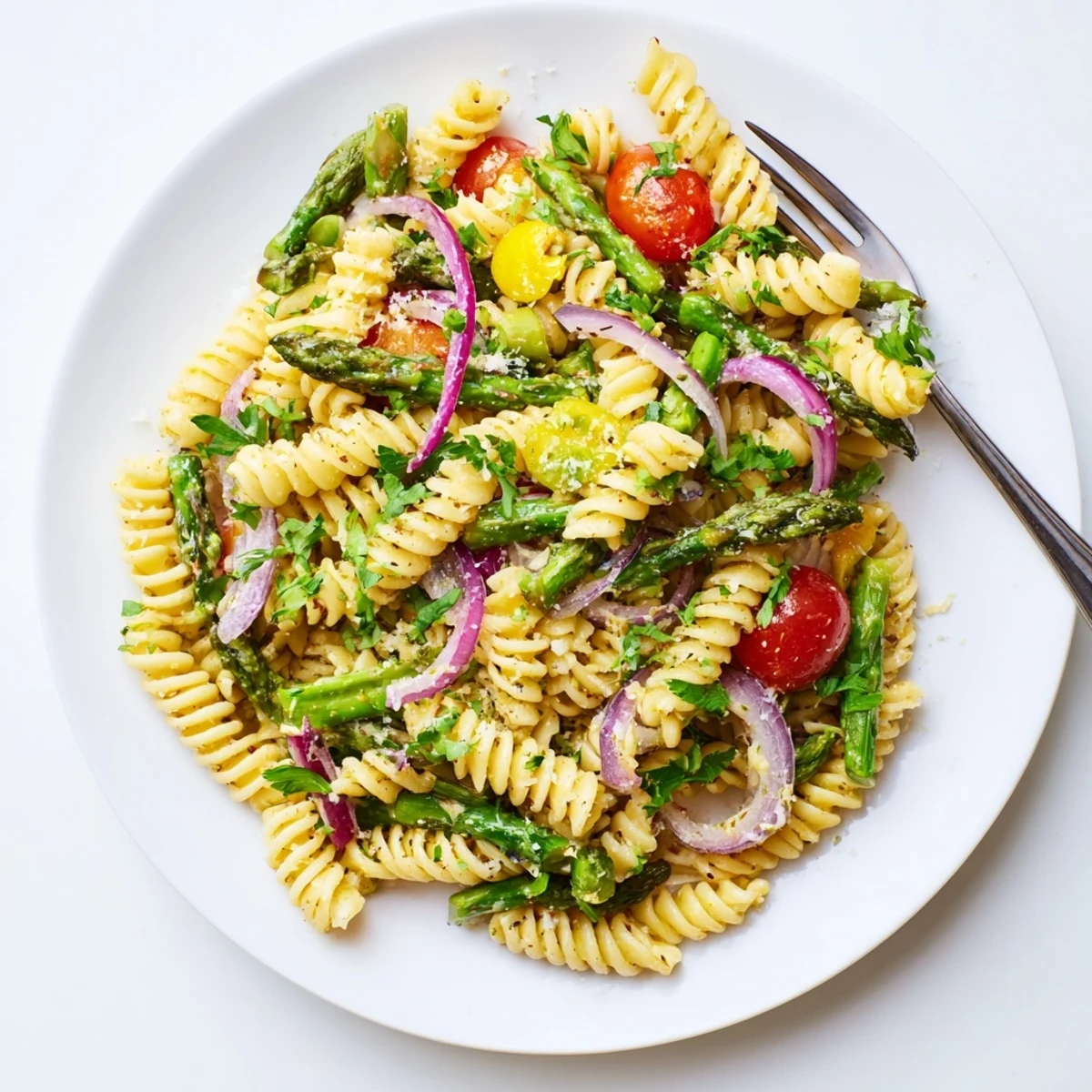Refreshing lemon asparagus pasta salad with red onion, parmesan garnish, and bright lemon dressing