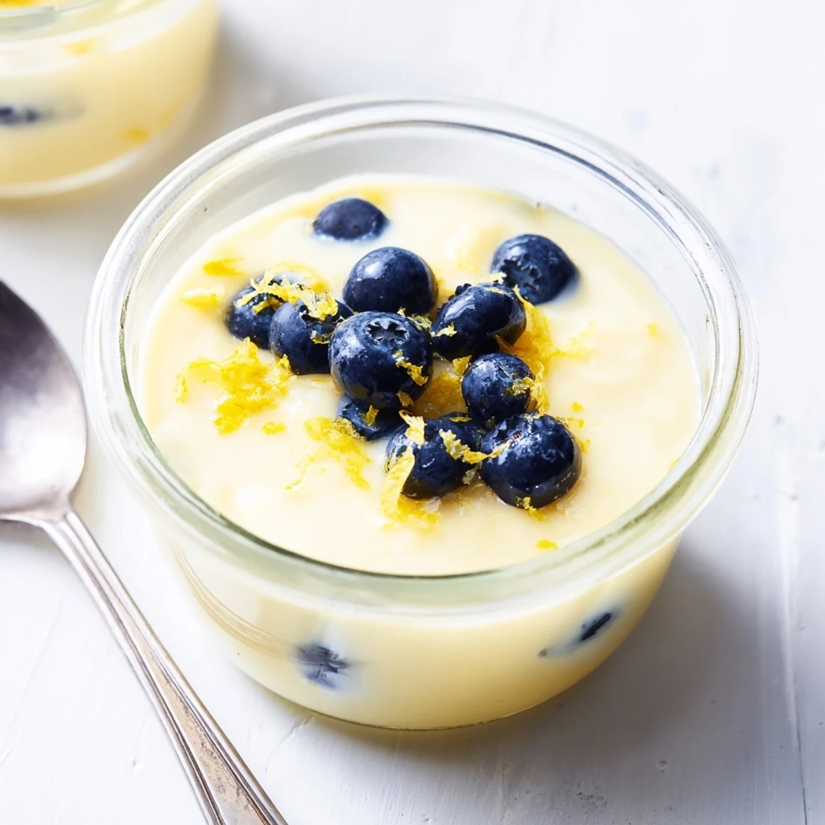 Silky lemon posset set in clear glass with fresh lemon zest garnish
