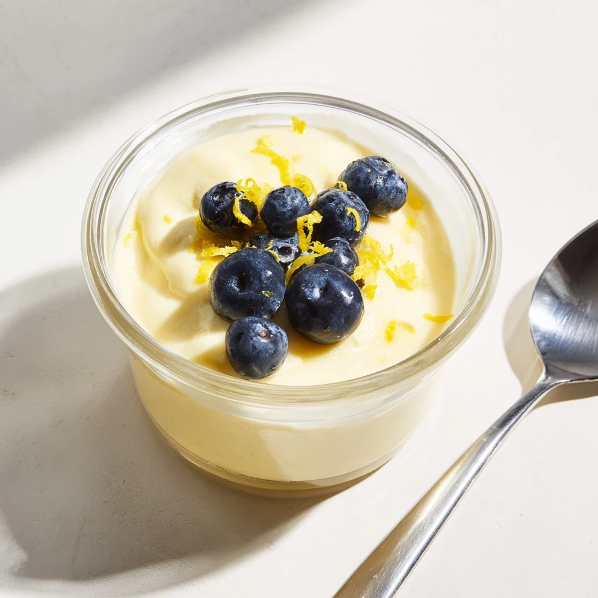 Luxurious lemon posset served in white ramekin with lemon twist decoration