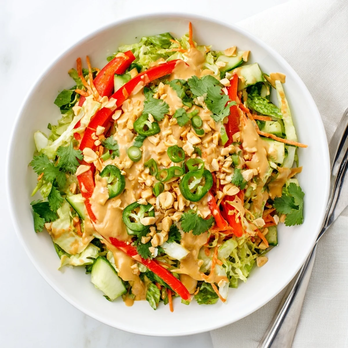 Colorful Thai salad peanut sauce drizzled over crunchy fresh vegetables in a white bowl