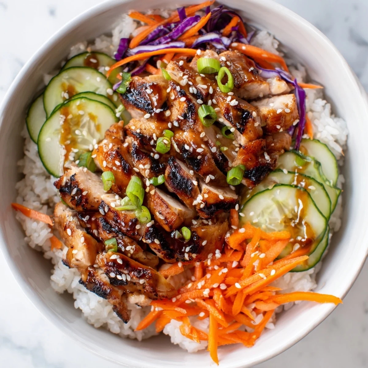 Korean BBQ chicken bowl featuring glazed grilled thighs over fluffy white rice with crisp colorful vegetables and sesame seed garnish