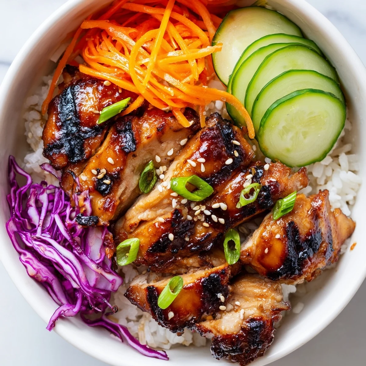 Vibrant Korean BBQ chicken bowl showcasing juicy marinated meat sliced and arranged over rice with shredded carrots and purple cabbage