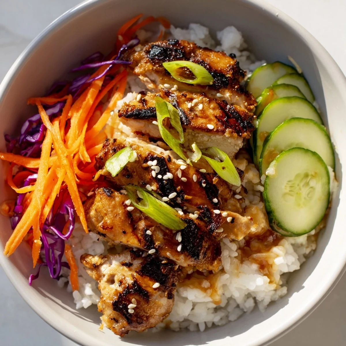 Delicious Korean BBQ chicken bowl presentation with charred glazed chicken pieces atop steamed rice beside fresh cucumber and green onion toppings