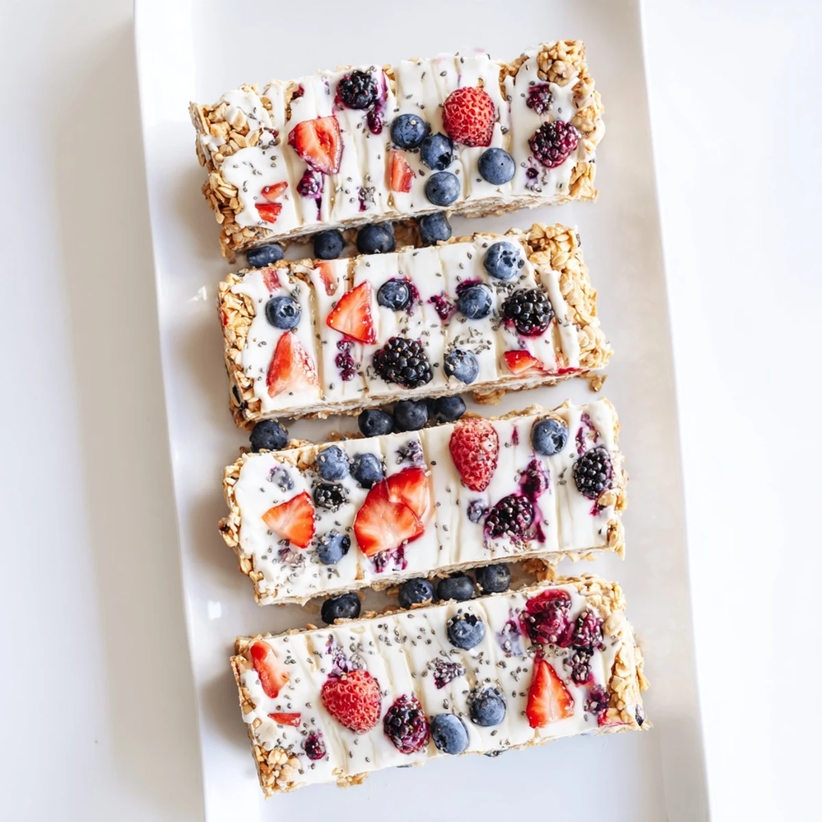 Frozen yogurt berry granola bars featuring creamy Greek yogurt layered with vibrant red and blue berries