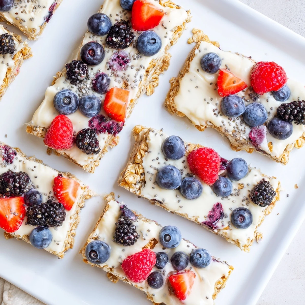 No bake granola bars with sweet yogurt filling and colorful fresh berry topping on a wooden board