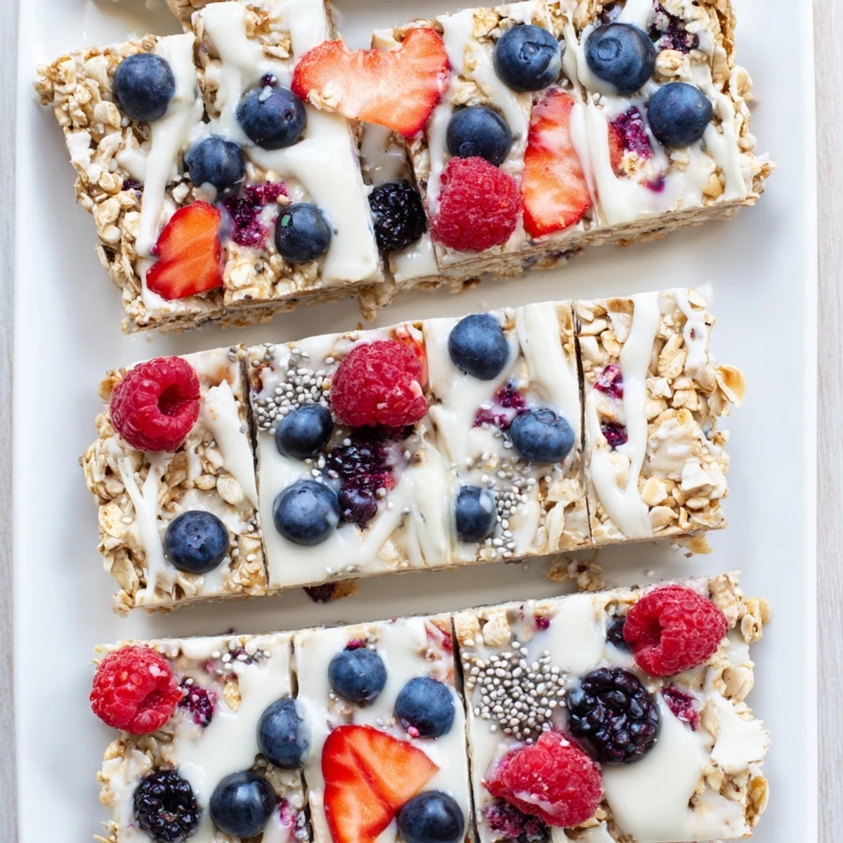 Healthy frozen yogurt berry granola bars sliced into squares showing crunchy granola base and fruit swirls