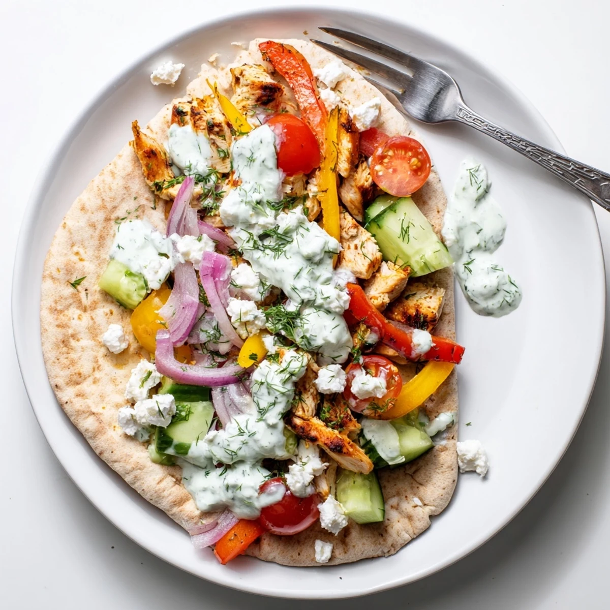 Golden sheet pan chicken pitas stuffed with roasted peppers and creamy herby ranch sauce