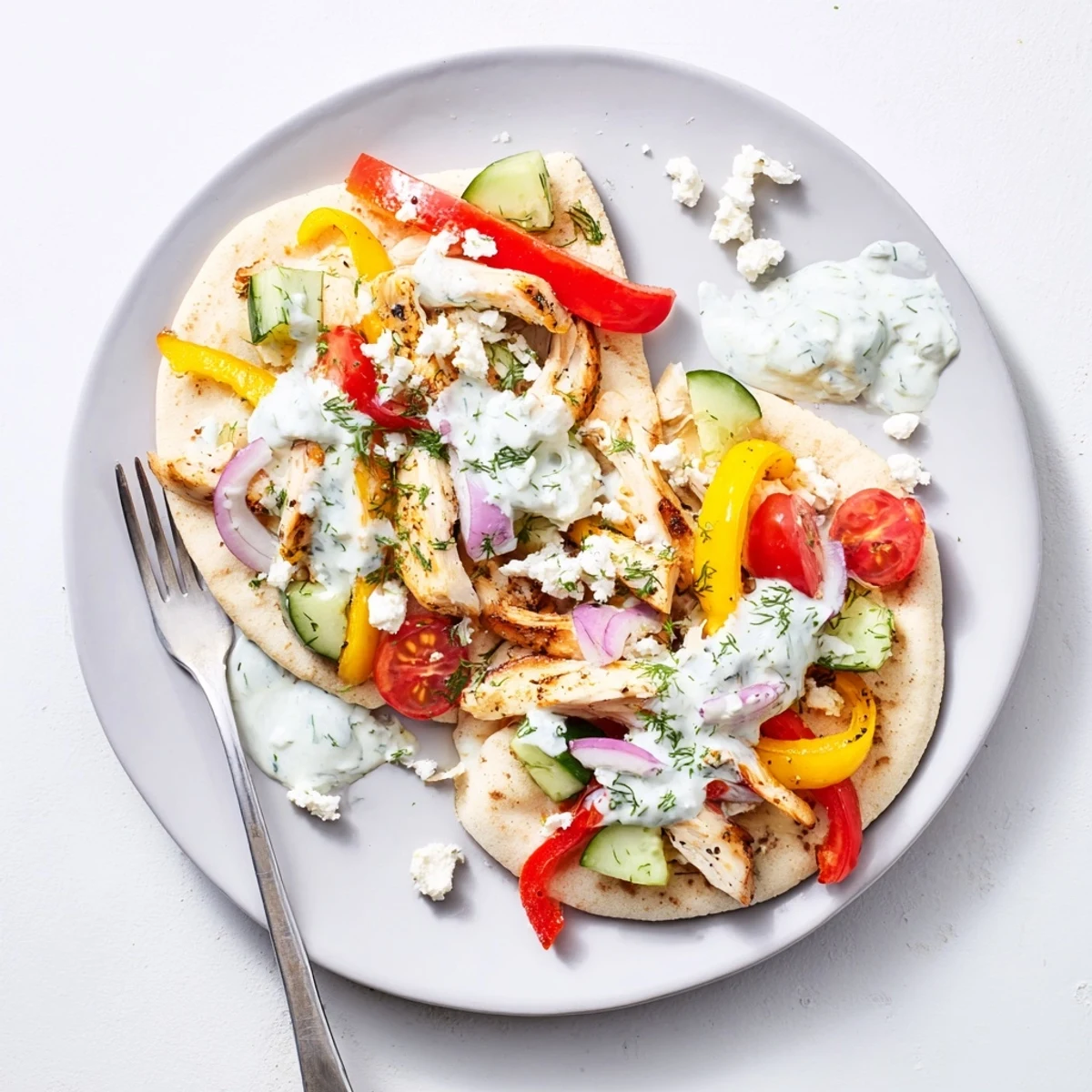 Mediterranean chicken pita sandwich topped with fresh vegetables and herb yogurt dressing