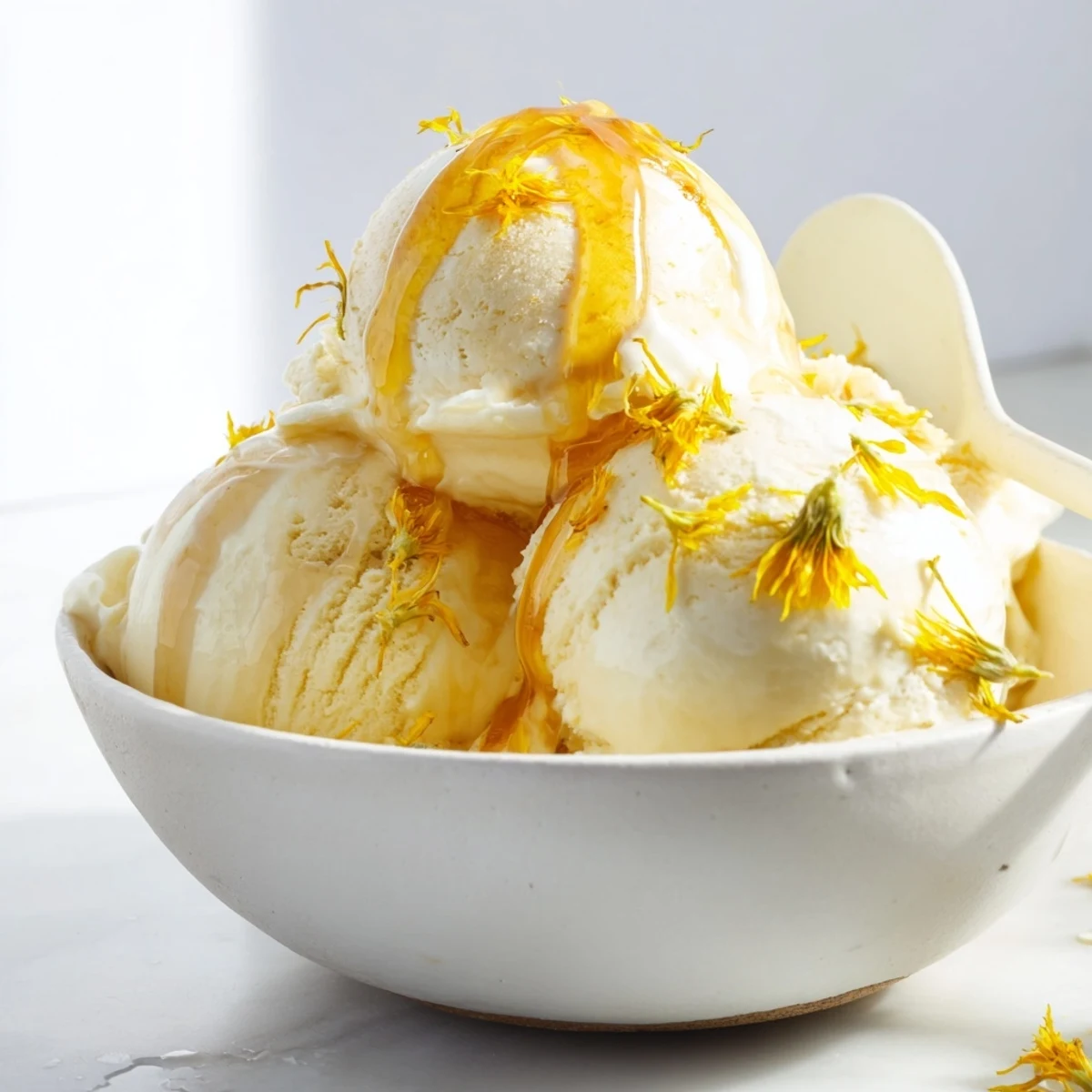 Velvety homemade dandelion honey ice cream served with fresh petals and extra honey swirl