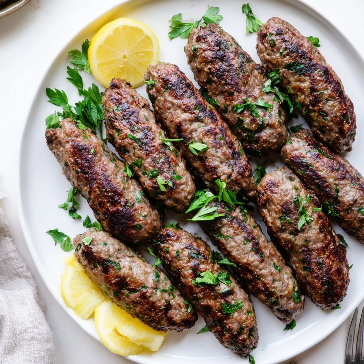 Golden grilled Lebanese kafta kebabs seasoned with aromatic spices served on platter