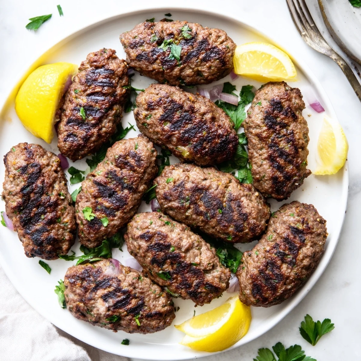 Juicy Lebanese kafta meat skewers with fresh parsley and lemon wedges garnish