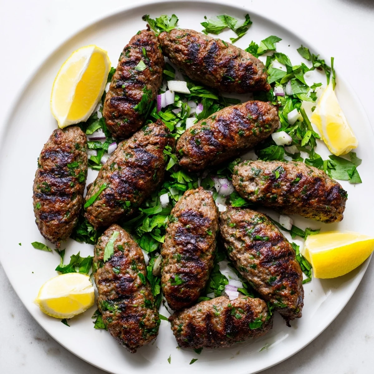 Homemade Lebanese kafta recipe showing spiced ground beef patties hot off grill