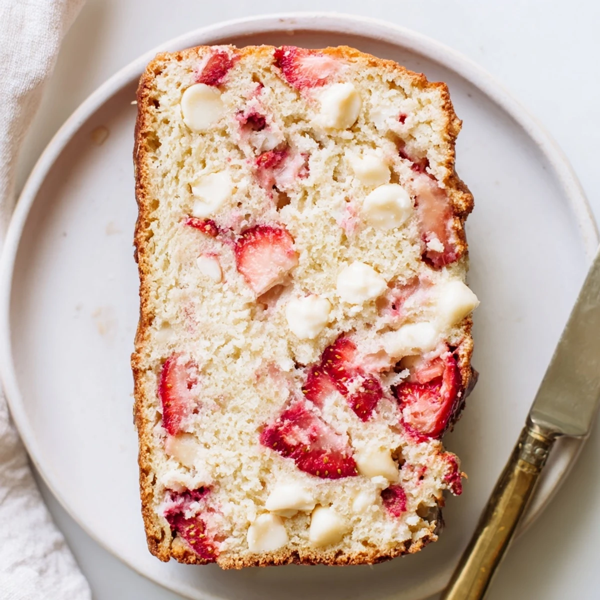 Golden sourdough white chocolate chips strawberry bread fresh from the oven with melted chocolate