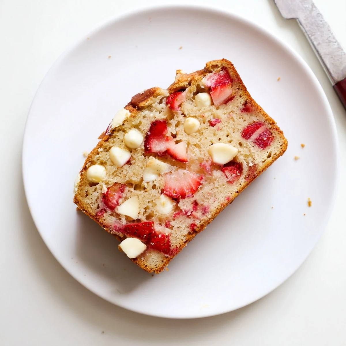 Baked loaf of sourdough white chocolate chips strawberry bread topped with scattered white chocolate chips