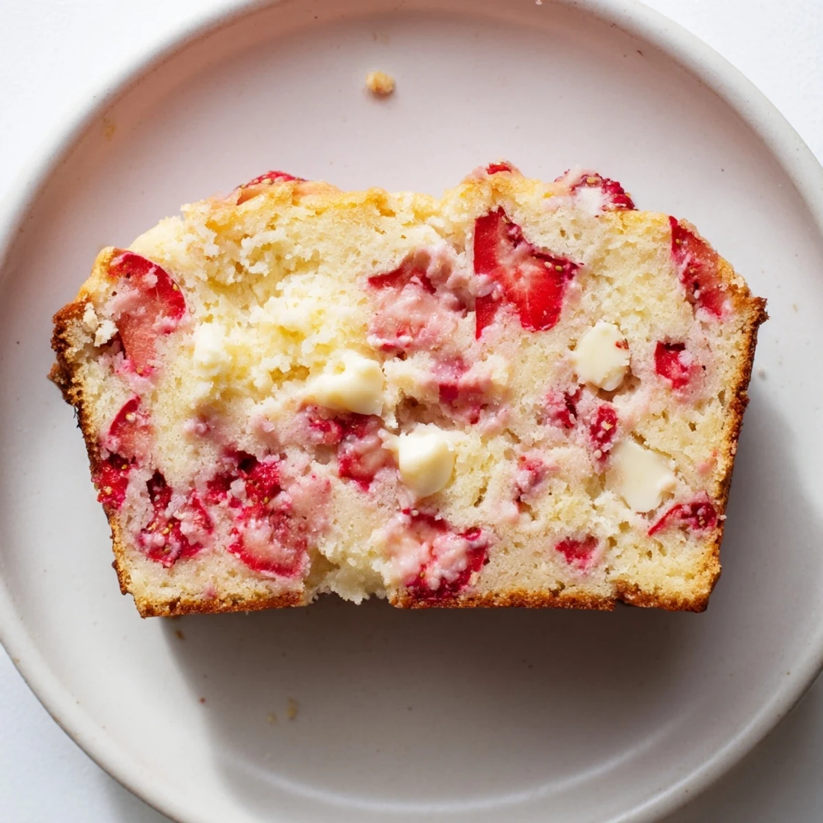 Thick slice of tender sourdough white chocolate chips strawberry bread with juicy red strawberry pieces