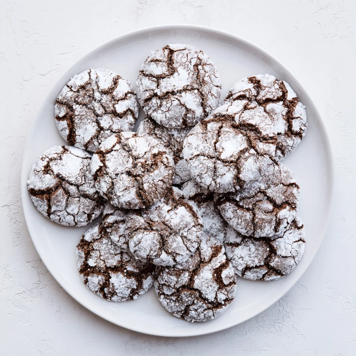 Homemade gingerbread crinkle cookies stacked showing signature cracked texture and powdered sugar topping