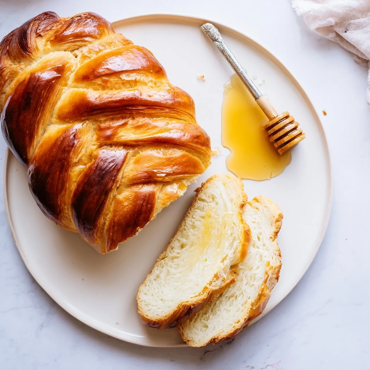 Golden homemade croissant bread loaf with flaky layers, ready for slicing and serving at breakfast