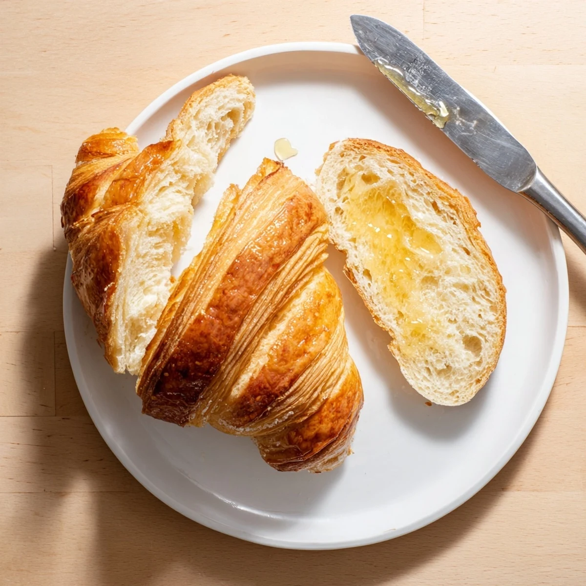 Freshly baked homemade croissant bread displaying buttery layers and golden crust on a wooden board