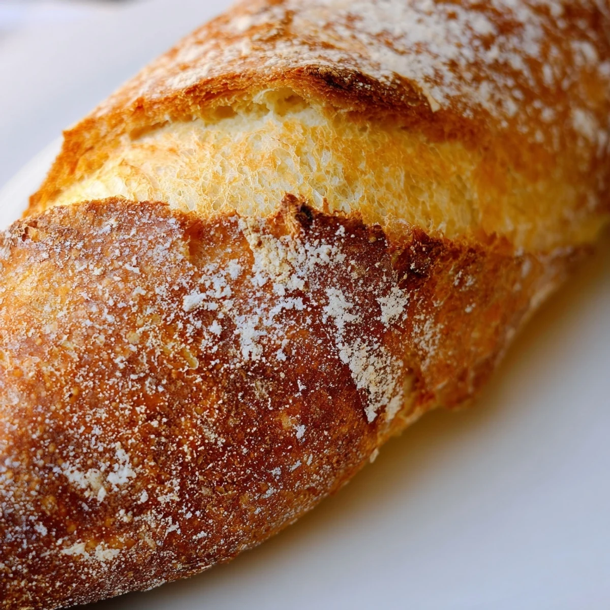 Golden crusty French bread rolls with a lightly flour-dusted, crispy exterior