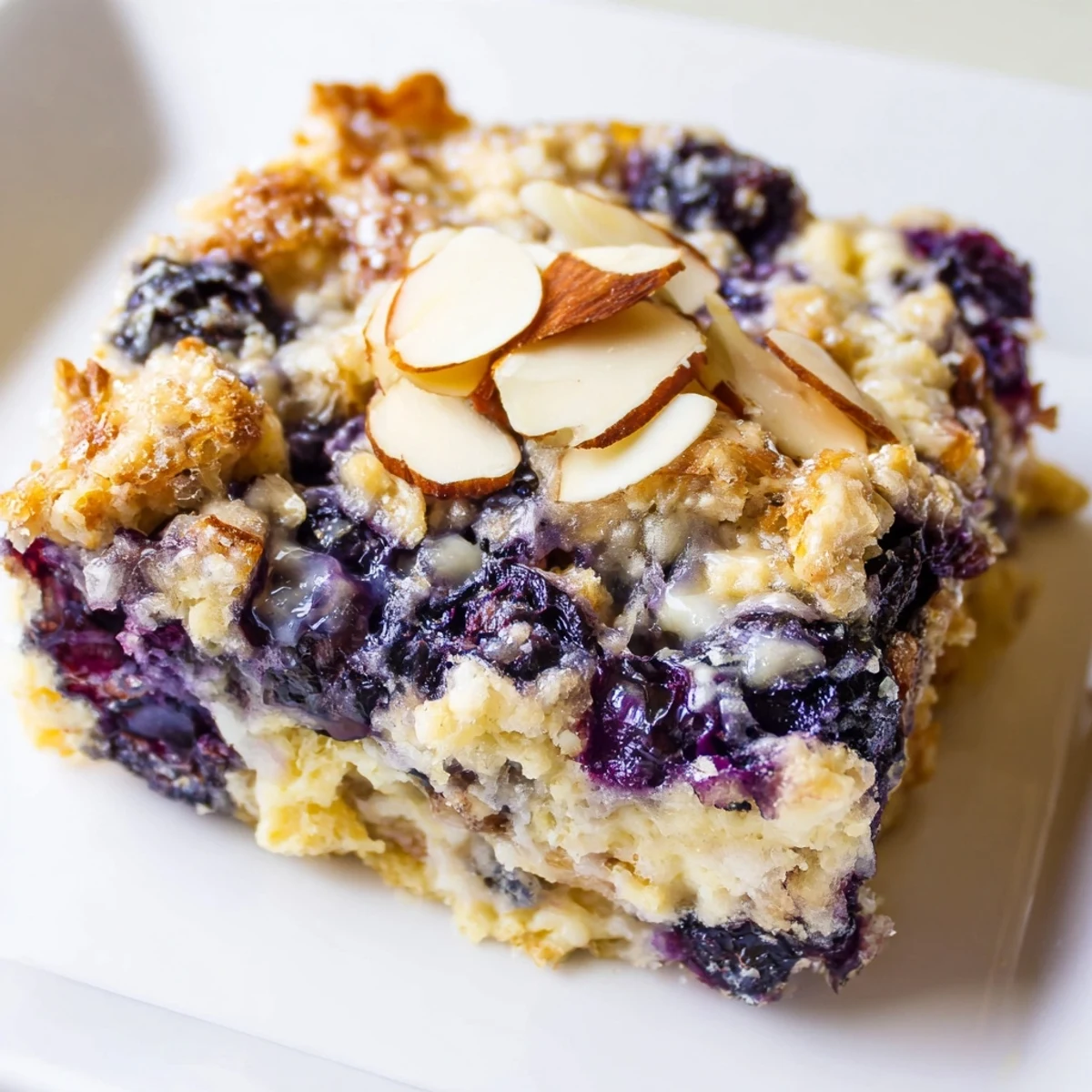 Sliced square of warm blueberry cottage cheese bake plated with fresh blueberries