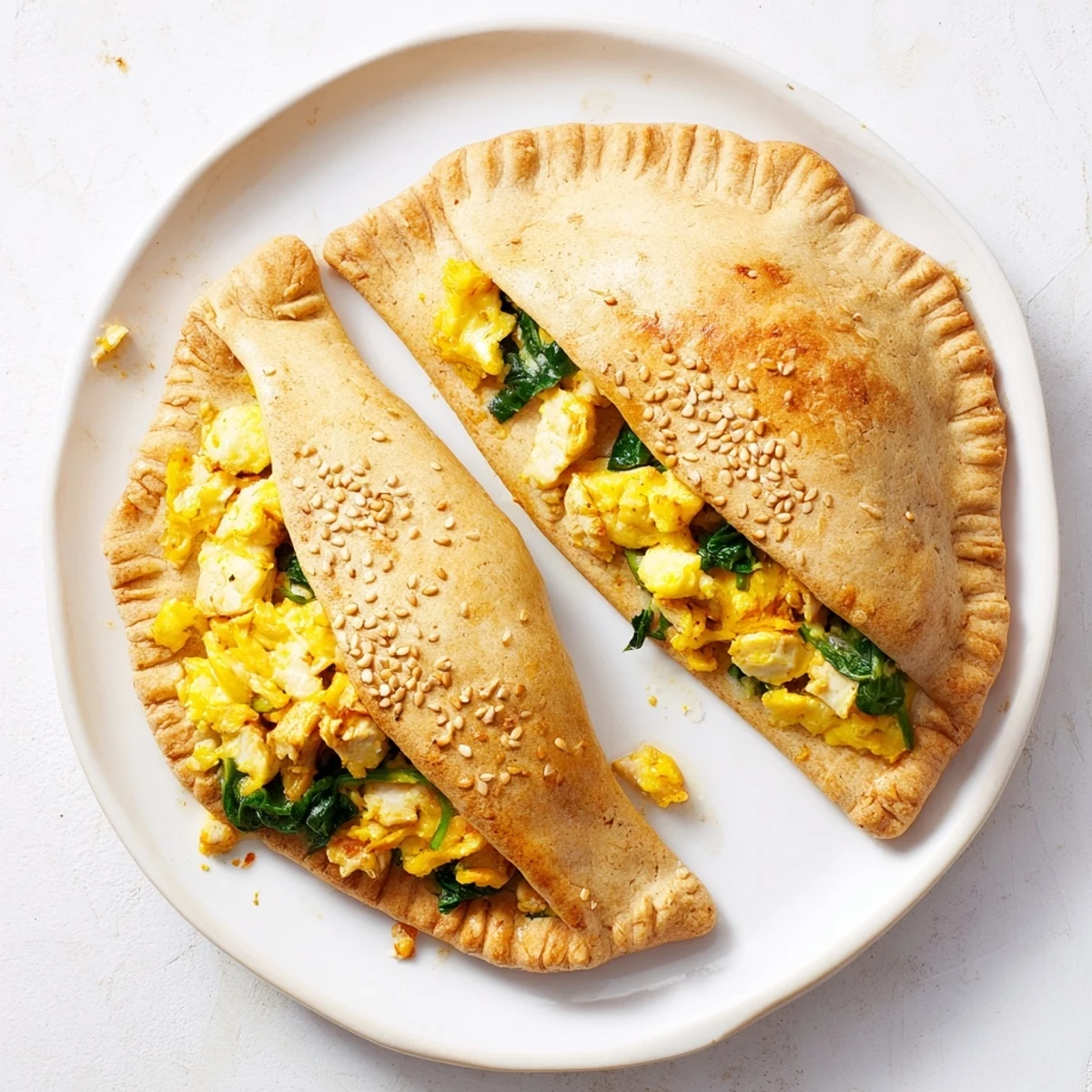 Golden high protein breakfast hot pockets stuffed with scrambled eggs, cheese, and turkey on a white baking sheet