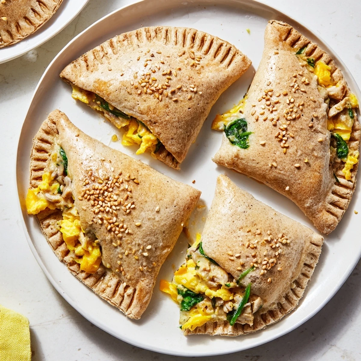 Whole wheat high protein breakfast hot pockets brushed with egg wash and sesame seeds ready for meal prep