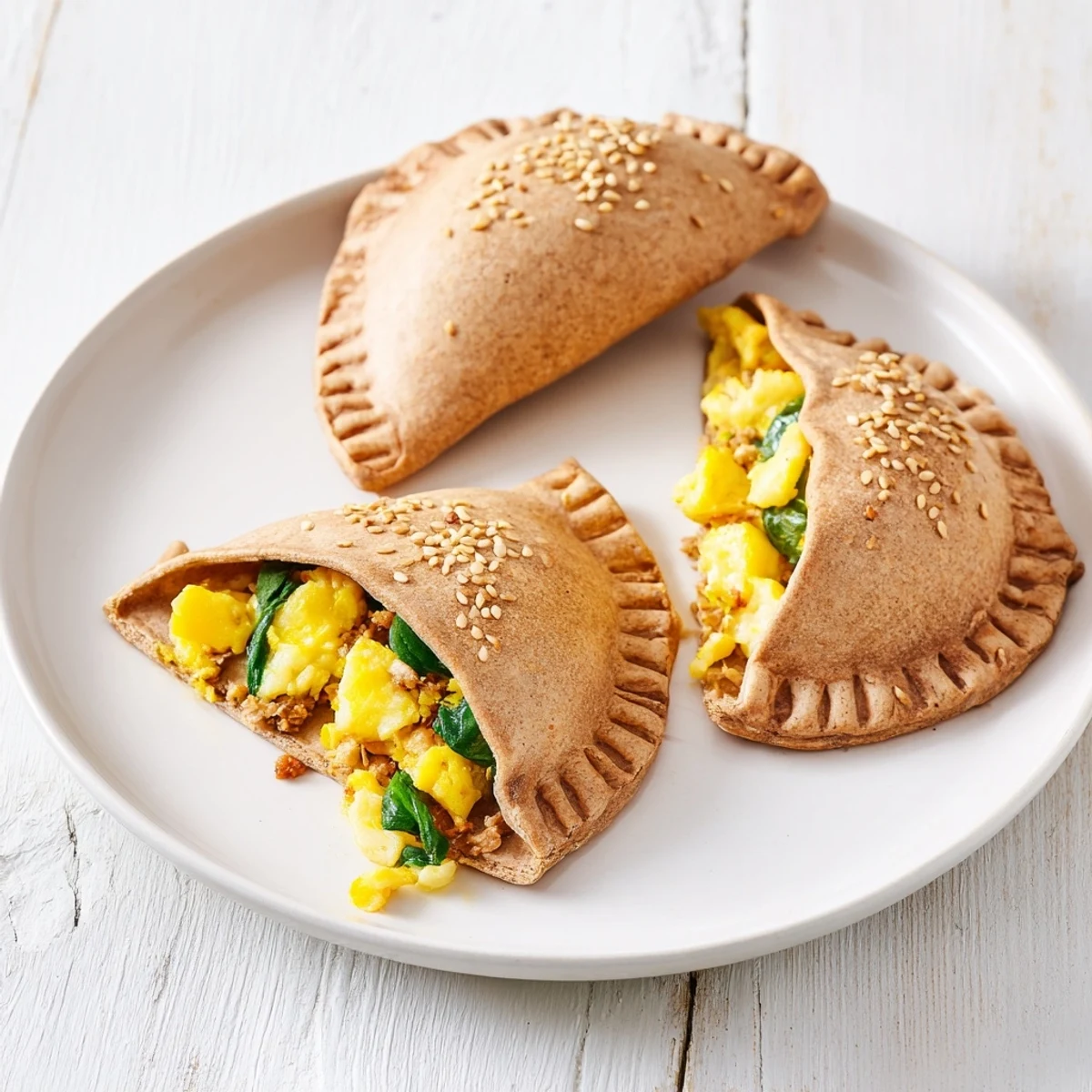 Two warm high protein breakfast hot pockets cut open revealing fluffy egg and melted cheese filling inside