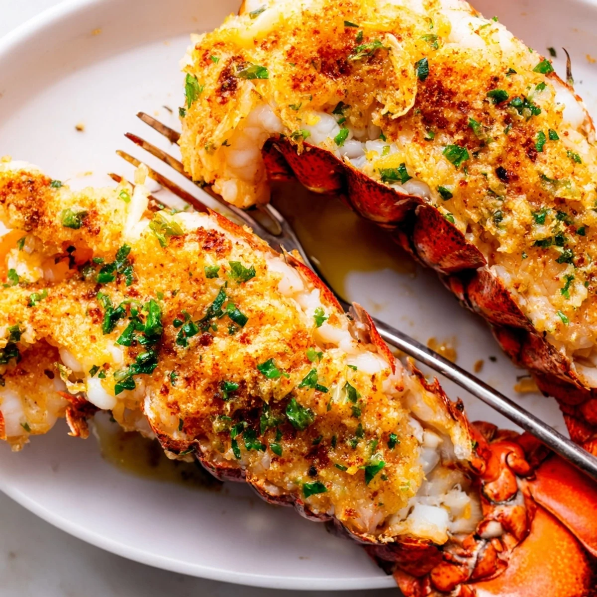 Golden baked lobster tails glazed with rich garlic butter sauce and fresh parsley on a white plate
