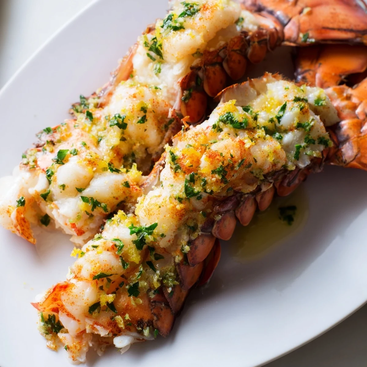 Tender garlic butter lobster tails served with lemon wedges for an elegant seafood dinner at home