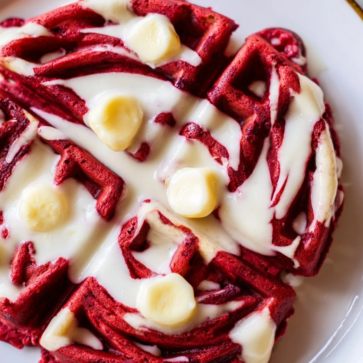 Golden red velvet marble waffles with swirls of vanilla and cream cheese glaze drizzle
