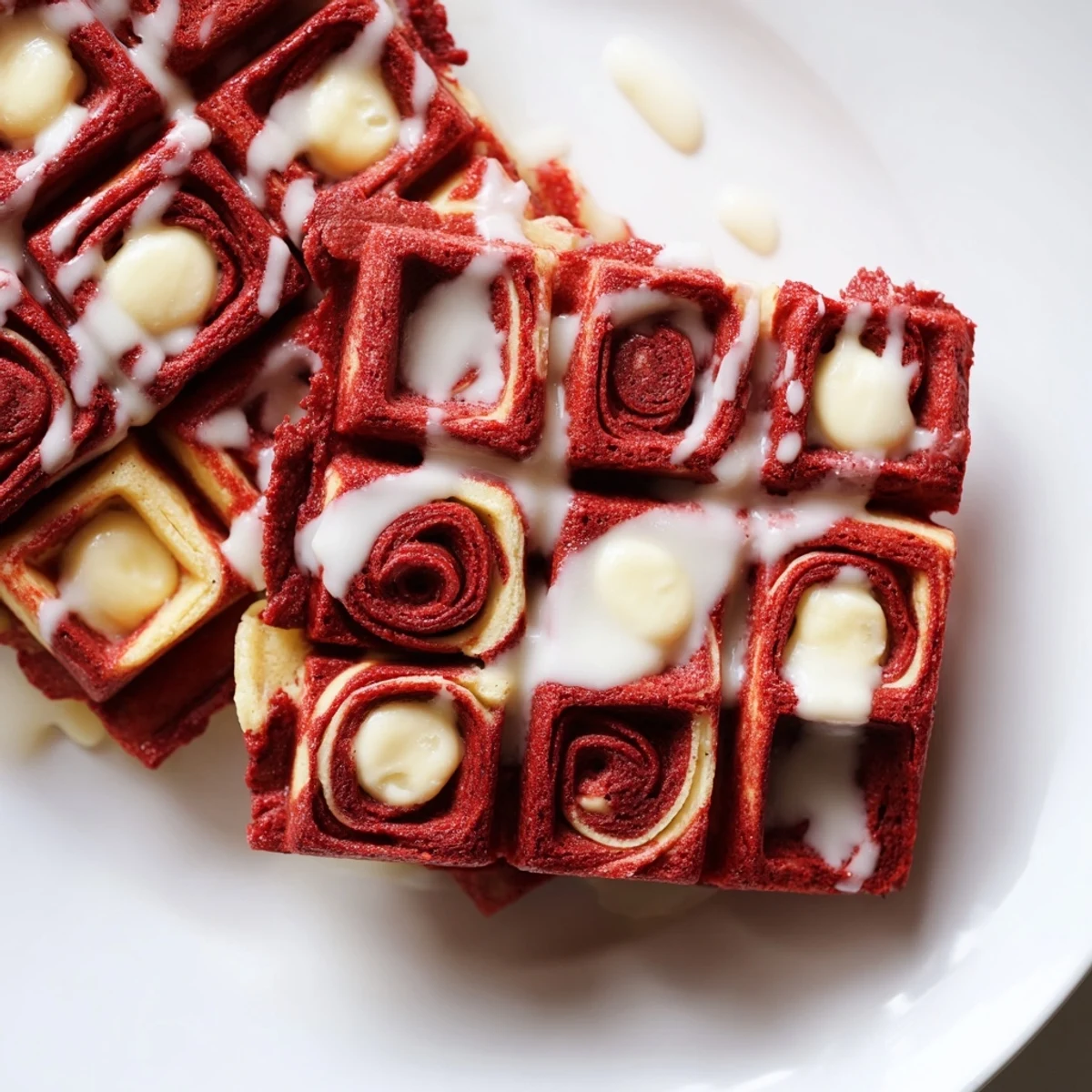 Crispy breakfast waffles featuring marbled red and vanilla batter on a white plate