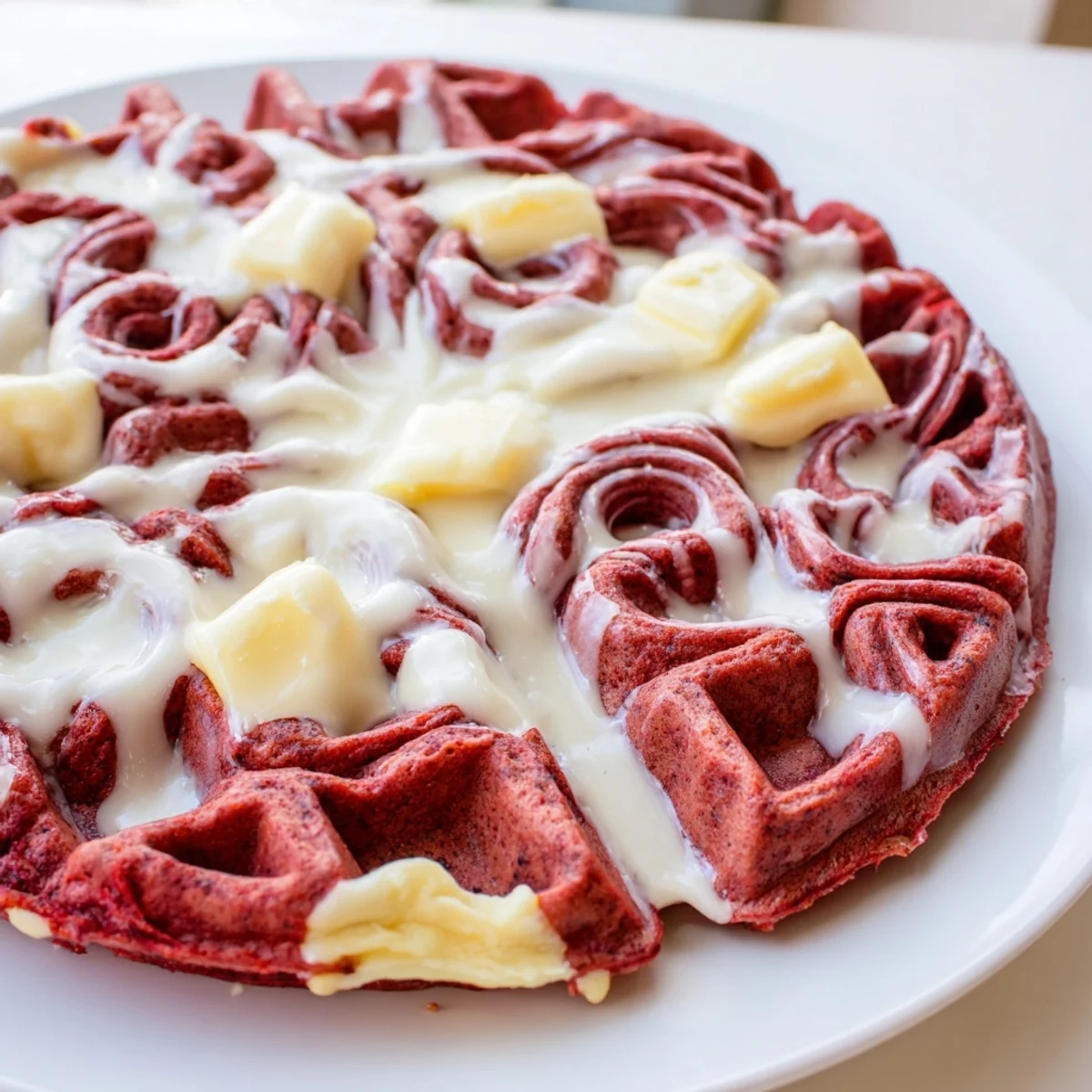 Decadent red velvet marble waffles topped with powdered sugar and fresh strawberries for brunch