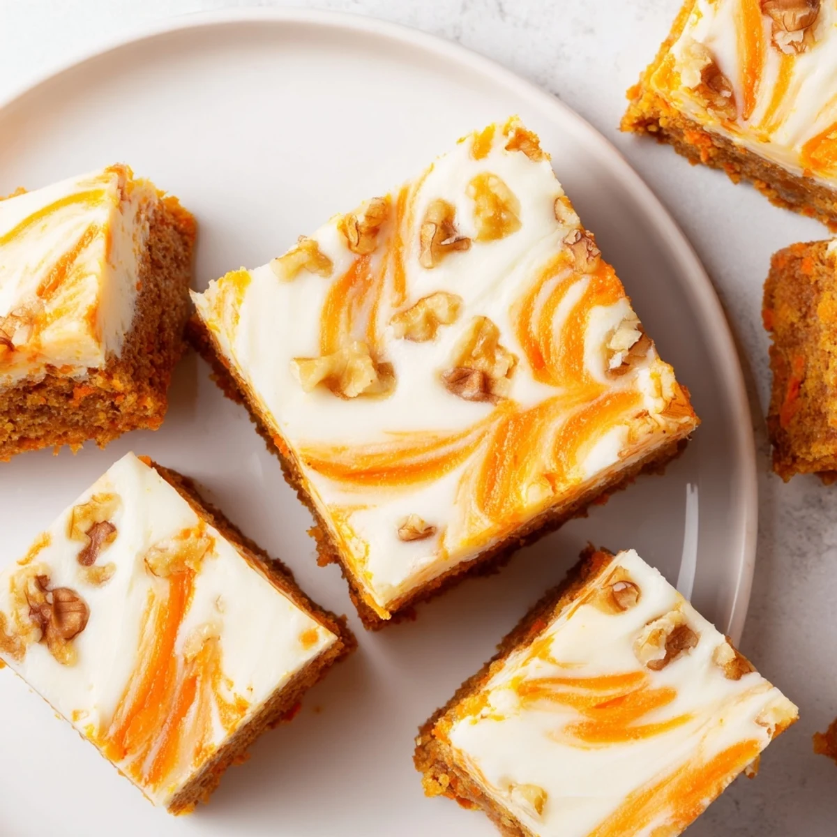 Moist carrot cake cream cheese bars sliced into squares with marbled topping