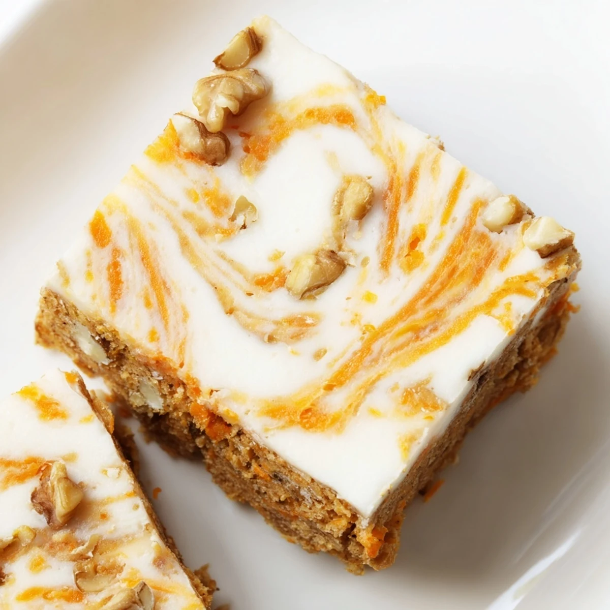 Golden carrot cake bars with swirled cream cheese layer on white serving plate