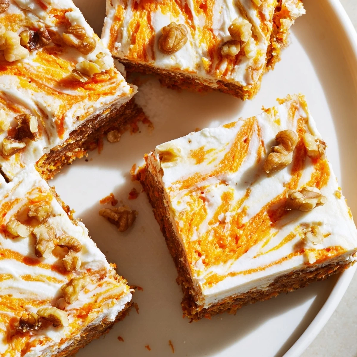 Rich carrot cake bars featuring creamy cheesecake swirl and grated carrot texture