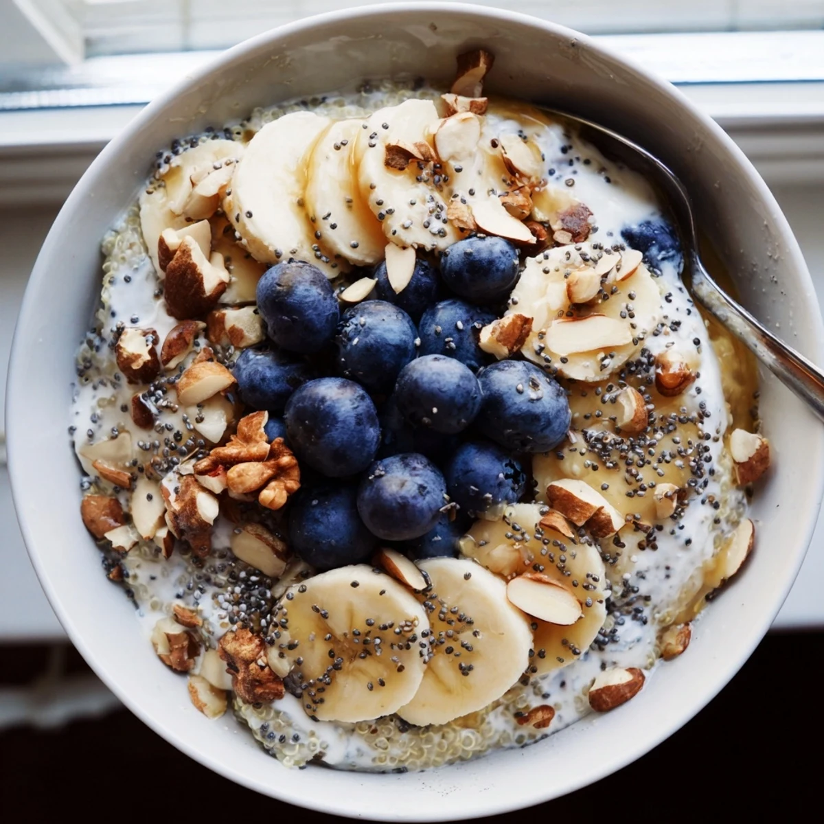 Blueberry quinoa breakfast bowl topped with fresh blueberries, creamy yogurt, and crunchy nuts