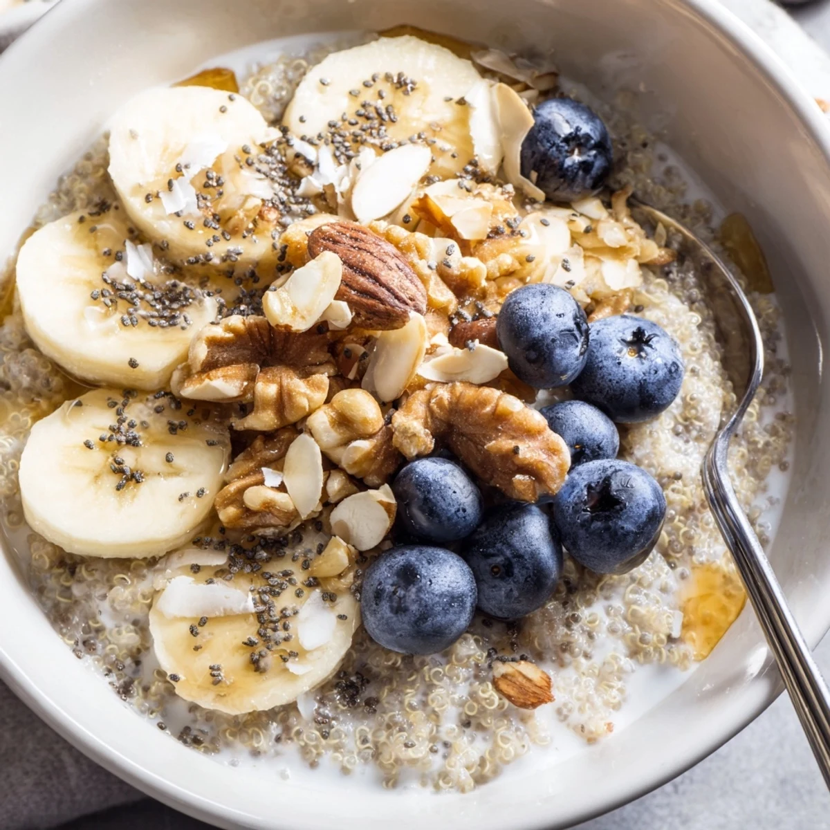 Creamy blueberry quinoa breakfast bowl arranged with sliced banana and chia seed garnish