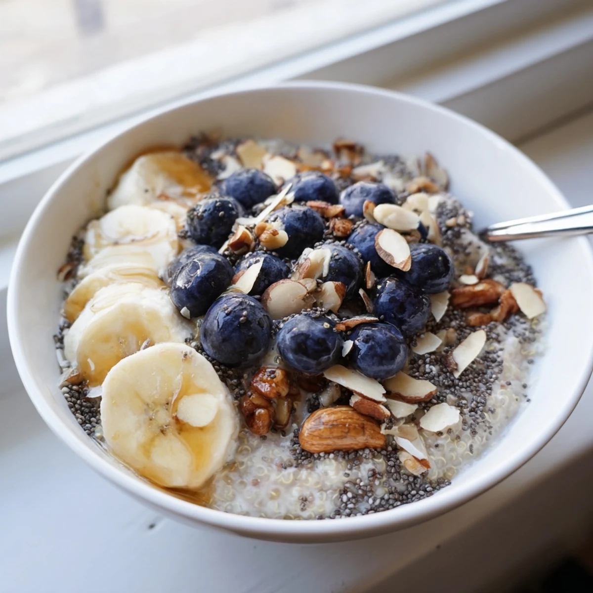Glorious blueberry quinoa breakfast bowl featuring plump berries, coconut flakes, and maple drizzle