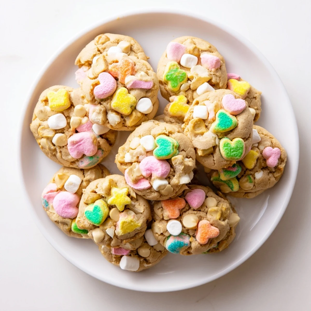 Soft Lucky Charms cookies studded with colorful marshmallows and white chocolate chips on a white plate