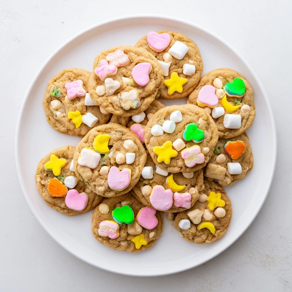 Whimsical Lucky Charms cookies loaded with pink, yellow, and green marshmallows for a fun dessert