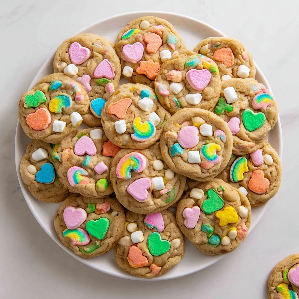 Golden Lucky Charms cookies with vibrant rainbow marshmallow bits pressed into chewy cookie dough