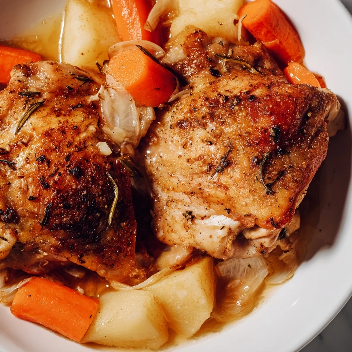 Slow Cooker Chicken Dinner with tender vegetables and savory herb sauce in rustic bowl