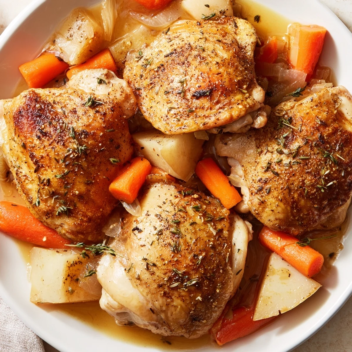 Golden Slow Cooker Chicken Dinner served over carrots potatoes and aromatic herbs