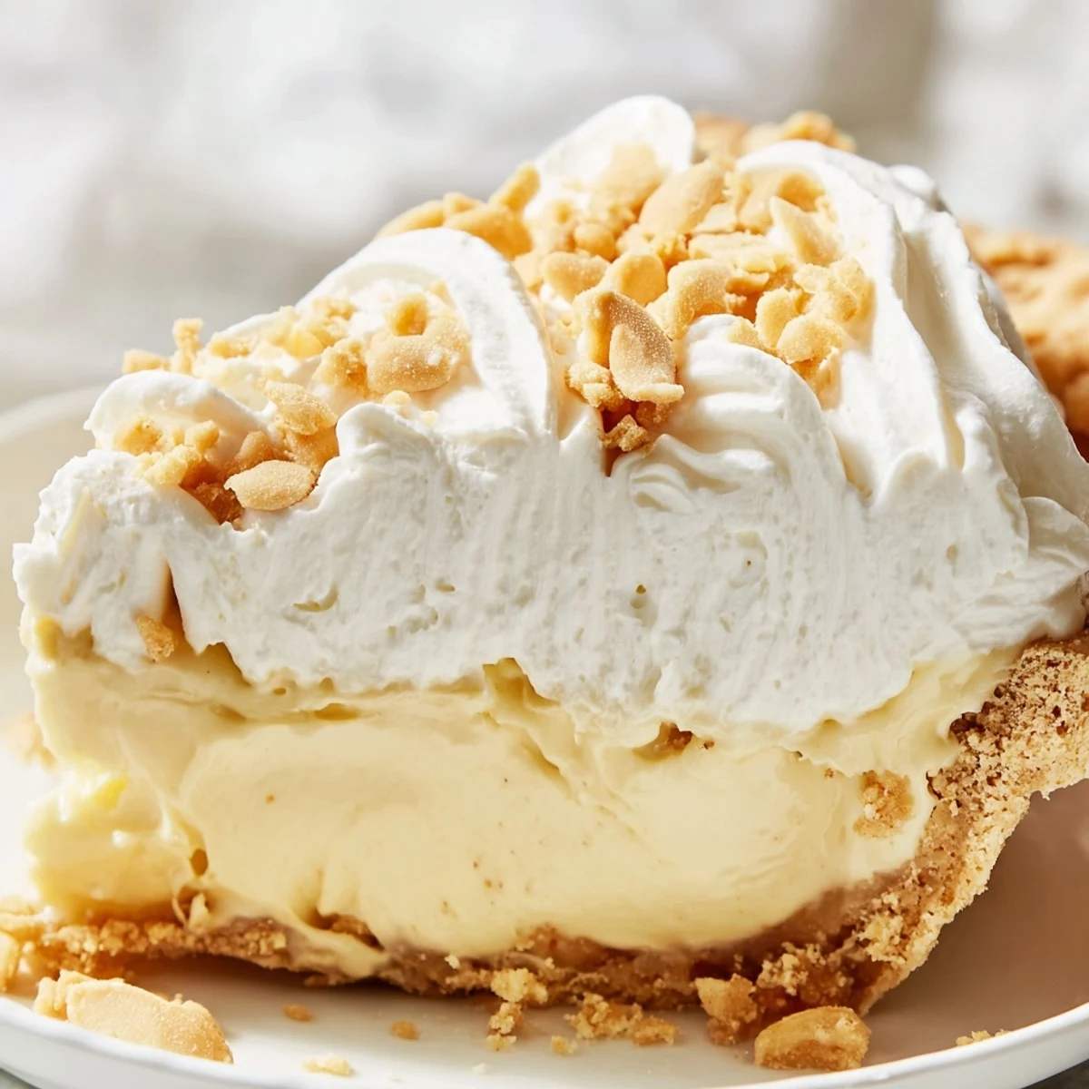 Velvety Amish peanut butter dream pie sliced to reveal thick vanilla custard filling and golden crust