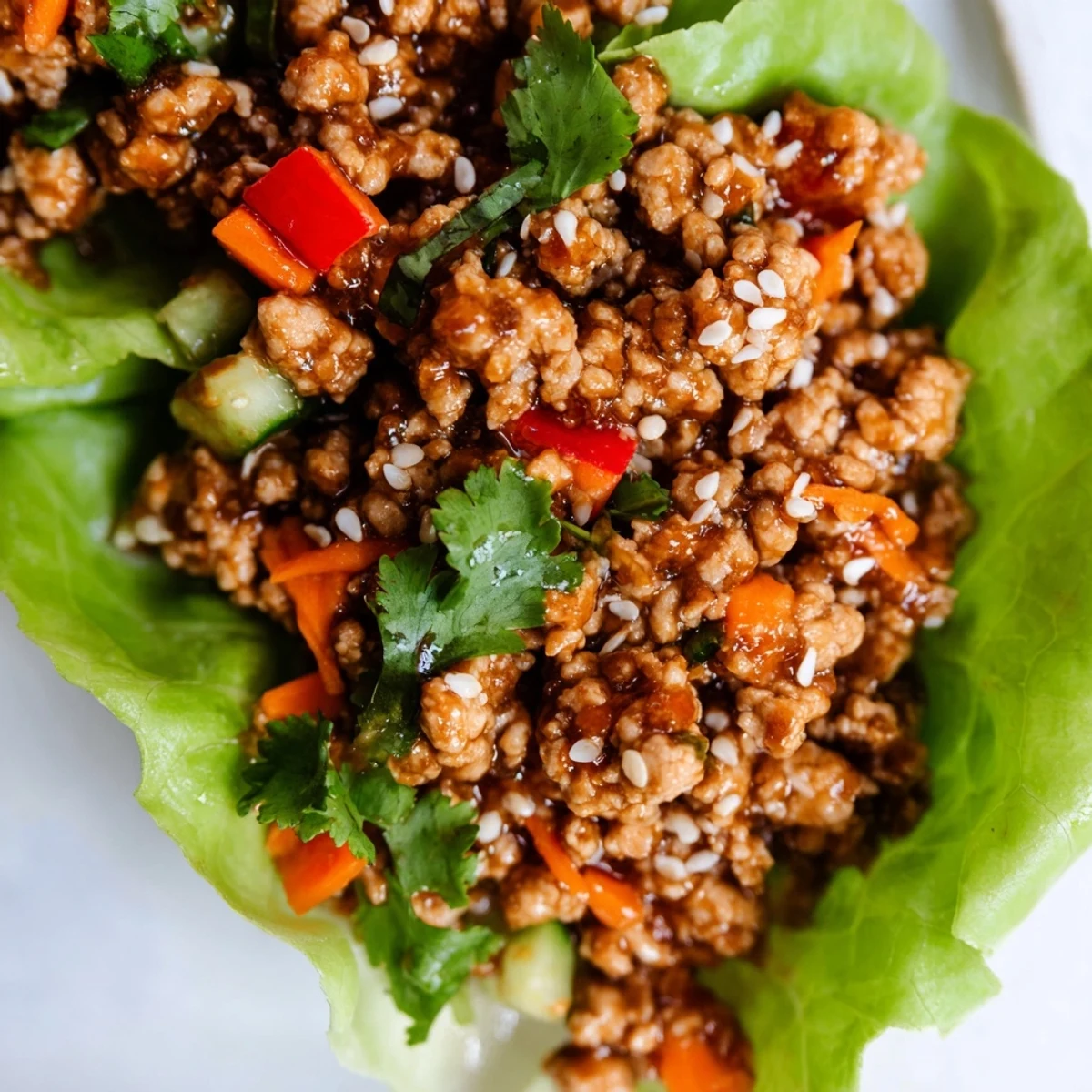 Seasoned ground turkey served in crisp romaine lettuce cups with fresh vegetables and herbs